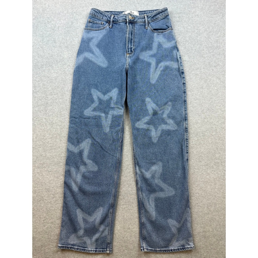 Hollister Curvy Ultra High-Rise Dad Jeans 7R Star Print Blue Denim Stretch 28x29